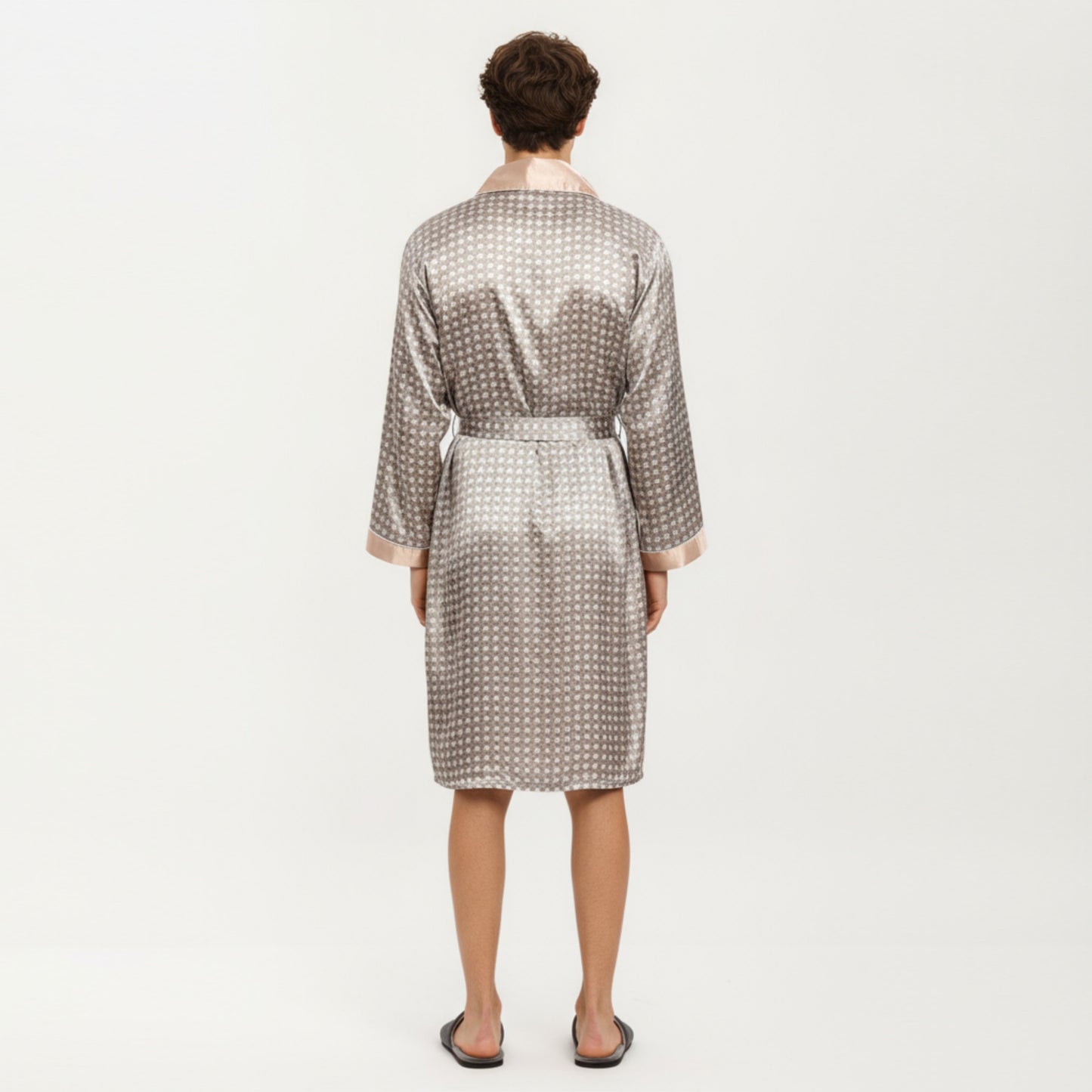 Anna-Kaci Men's Satin Robe with Geometric Print Contrast Shawl Collar and Waist Tie