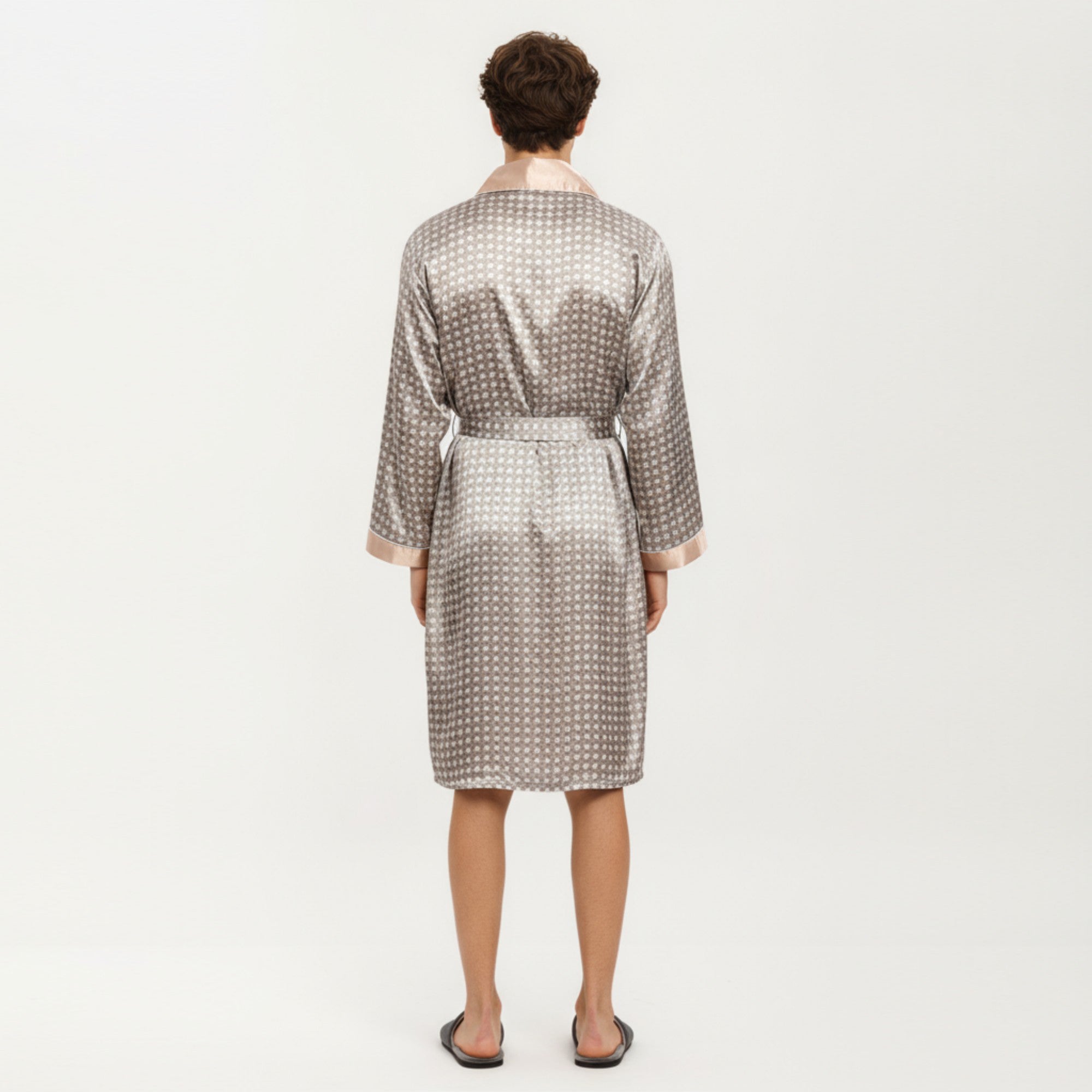 Anna-Kaci Men's Satin Robe with Geometric Print Contrast Shawl Collar and Waist Tie