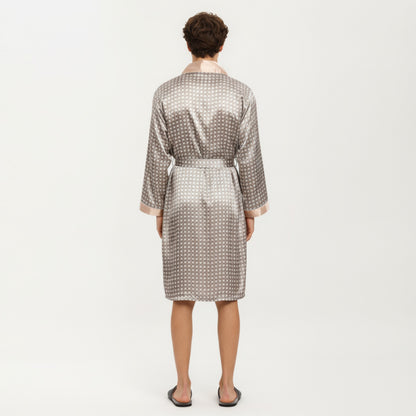 Anna-Kaci Men's Satin Robe with Geometric Print Contrast Shawl Collar and Waist Tie