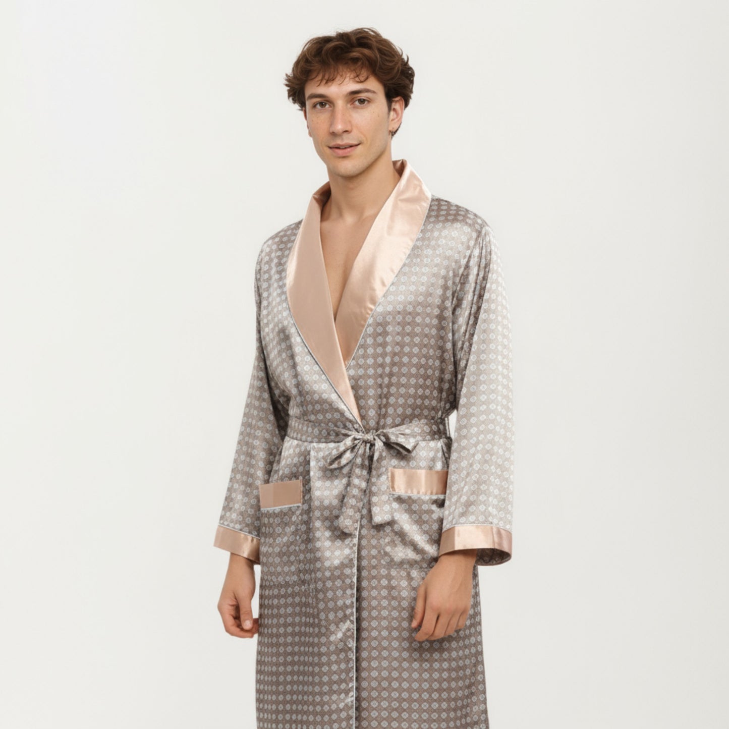 Anna-Kaci Men's Satin Robe with Geometric Print Contrast Shawl Collar and Waist Tie