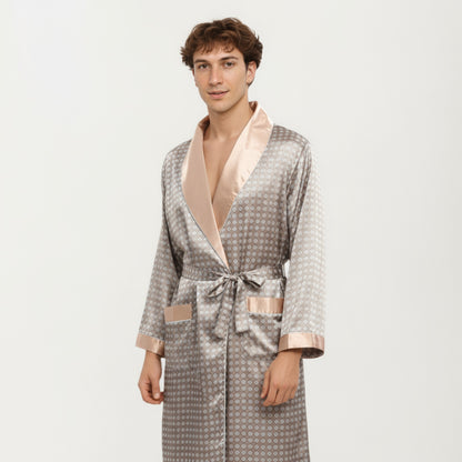 Anna-Kaci Men's Satin Robe with Geometric Print Contrast Shawl Collar and Waist Tie