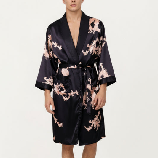Anna-Kaci Men's Satin Robe with Baroque Print Shawl Collar and Waist Tie