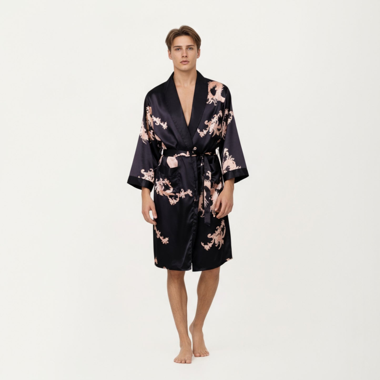 Anna-Kaci Men's Satin Robe with Baroque Print Shawl Collar and Waist Tie