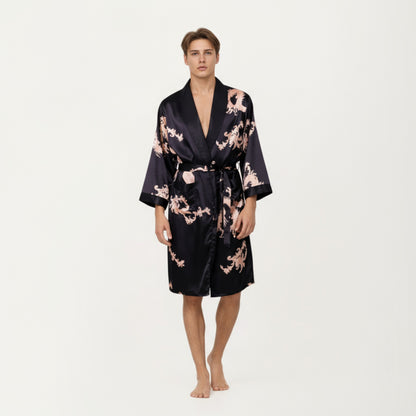 Anna-Kaci Men's Satin Robe with Baroque Print Shawl Collar and Waist Tie