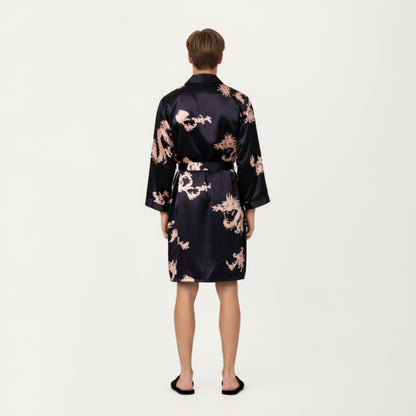 Anna-Kaci Men's Satin Robe with Baroque Print Shawl Collar and Waist Tie