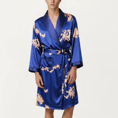 Anna-Kaci Men's Satin Robe with Baroque Print Shawl Collar and Waist Tie