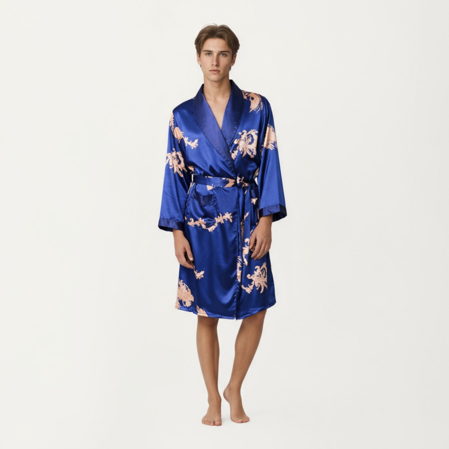 Anna-Kaci Men's Satin Robe with Baroque Print Shawl Collar and Waist Tie