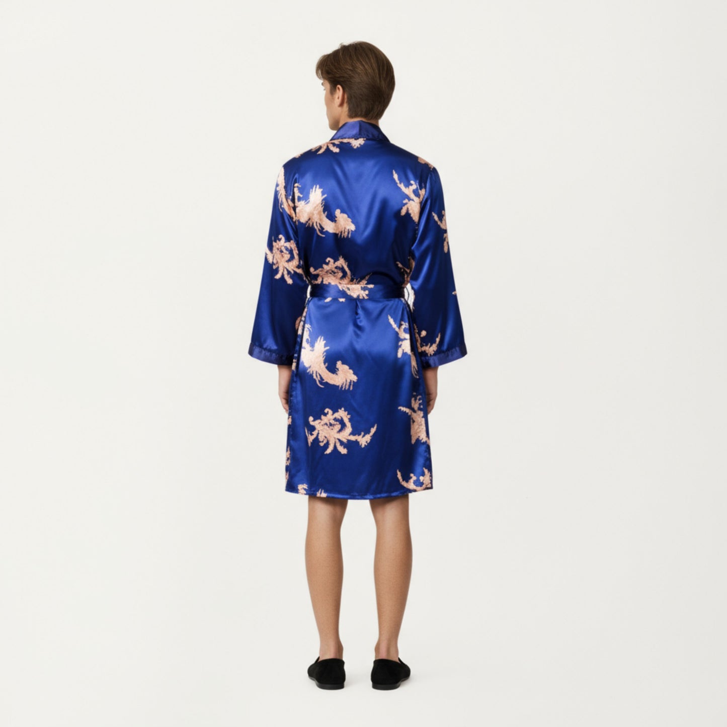 Anna-Kaci Men's Satin Robe with Baroque Print Shawl Collar and Waist Tie
