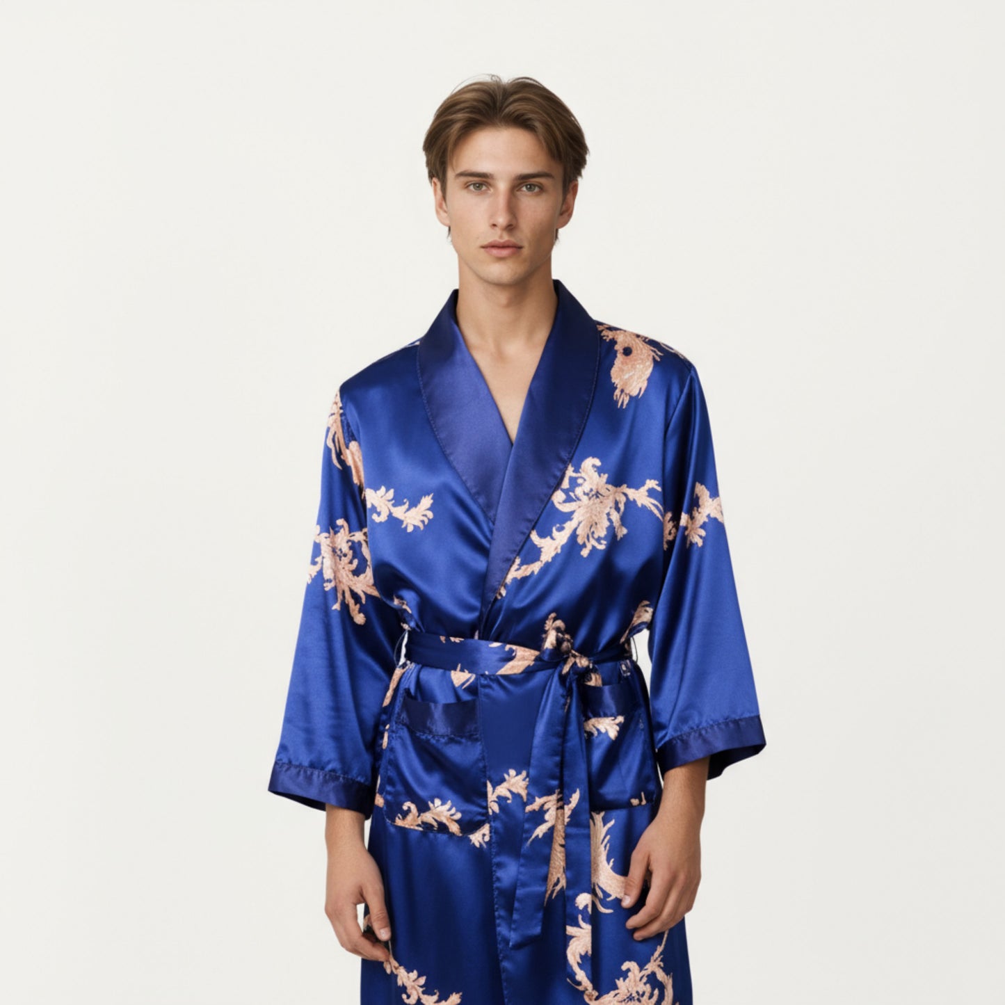 Anna-Kaci Men's Satin Robe with Baroque Print Shawl Collar and Waist Tie