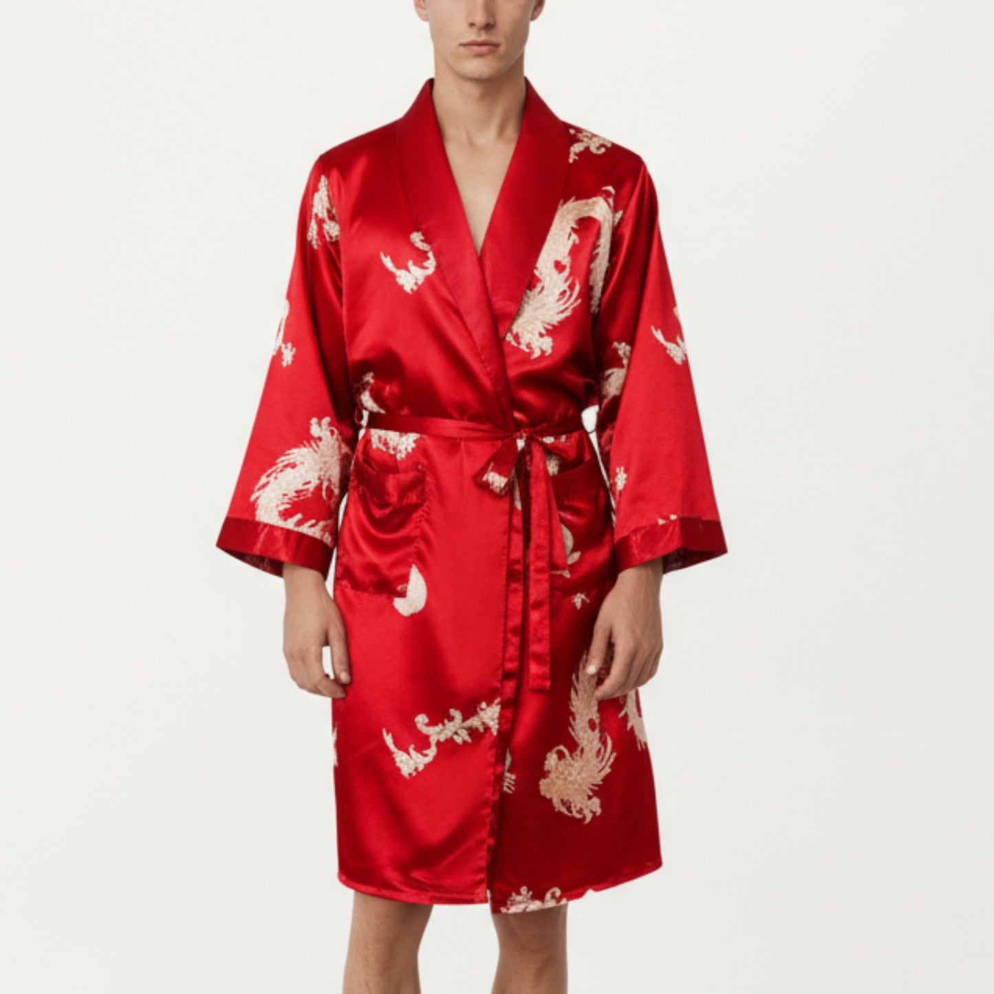 Anna-Kaci Men's Satin Robe with Baroque Print Shawl Collar and Waist Tie