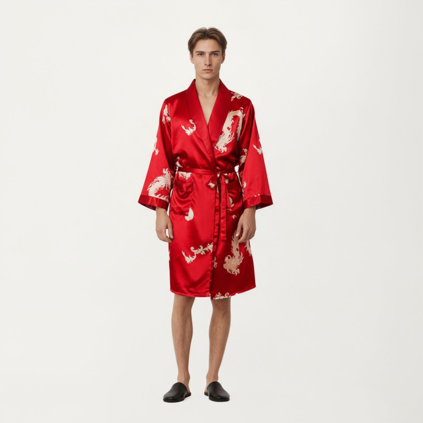 Anna-Kaci Men's Satin Robe with Baroque Print Shawl Collar and Waist Tie