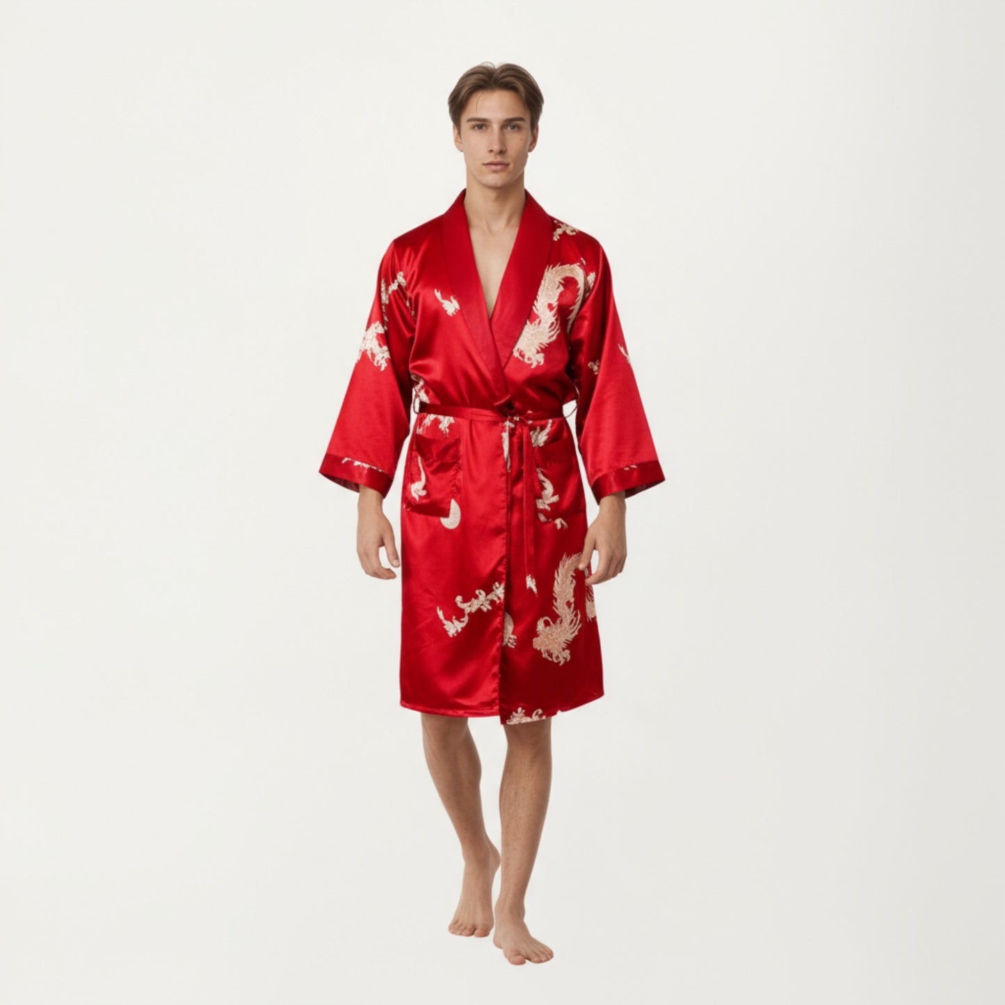 Anna-Kaci Men's Satin Robe with Baroque Print Shawl Collar and Waist Tie