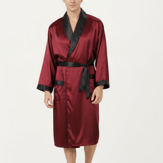 Anna-Kaci Men's Satin Robe with Contrast Shawl Collar Waist Tie and Front Pockets