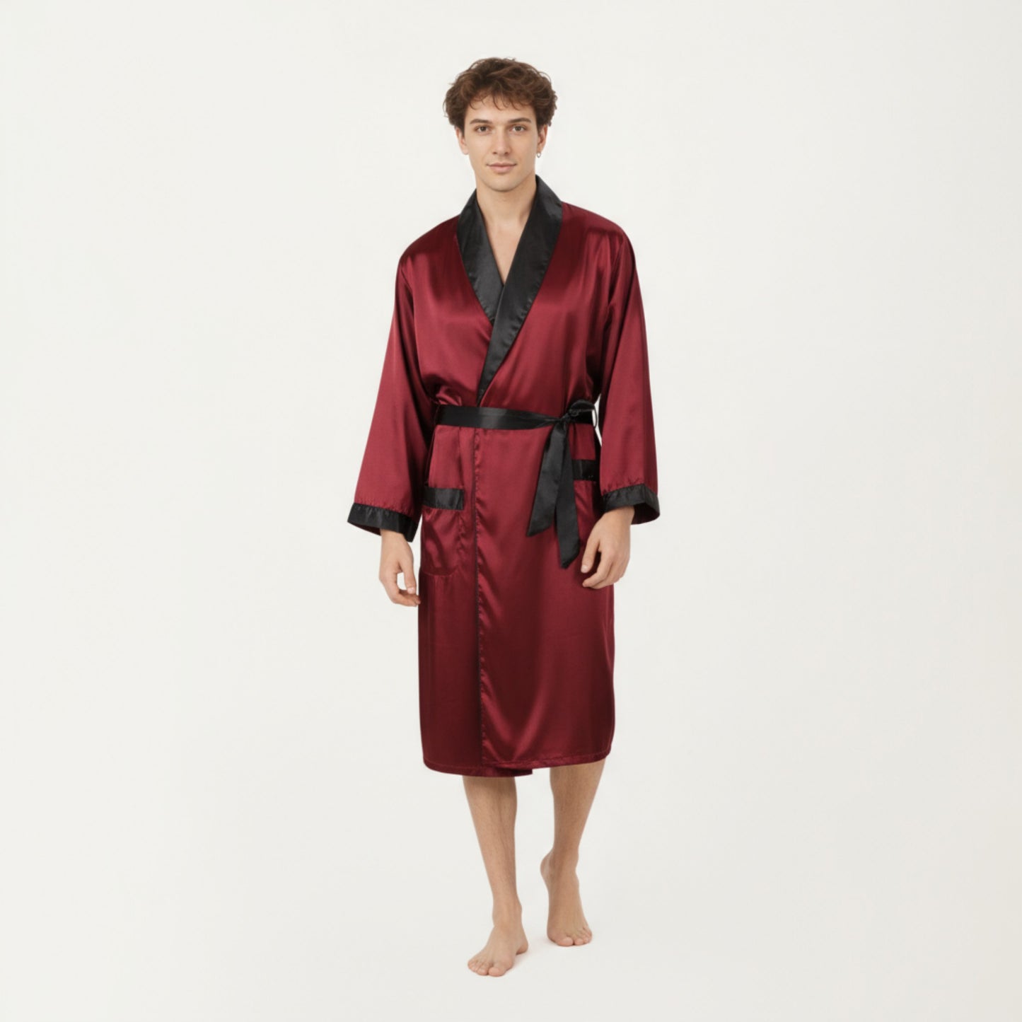 Anna-Kaci Men's Satin Robe with Contrast Shawl Collar Waist Tie and Front Pockets