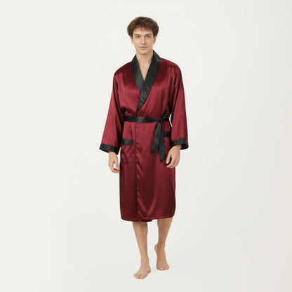 Anna-Kaci Men's Satin Robe with Contrast Shawl Collar Waist Tie and Front Pockets