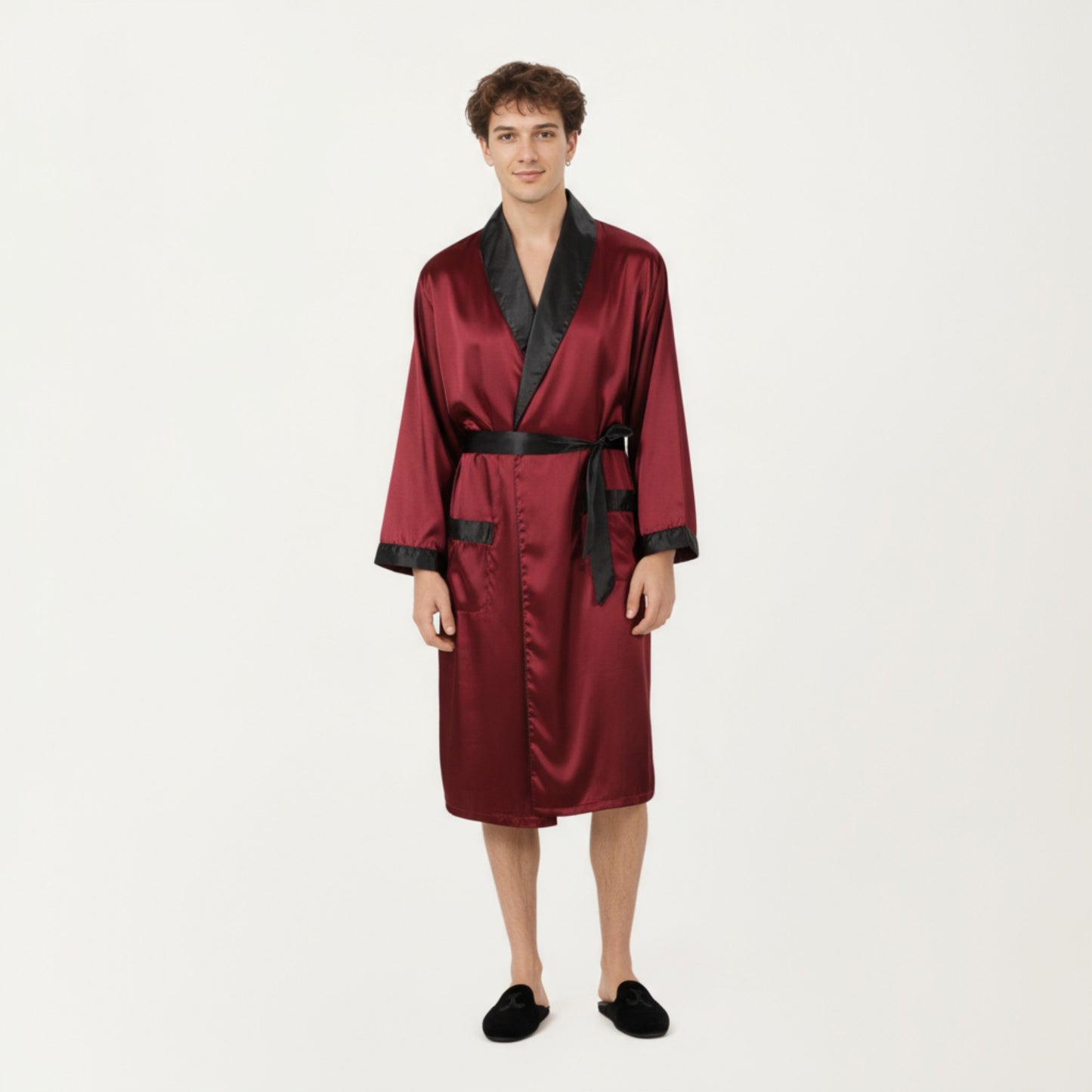 Anna-Kaci Men's Satin Robe with Contrast Shawl Collar Waist Tie and Front Pockets