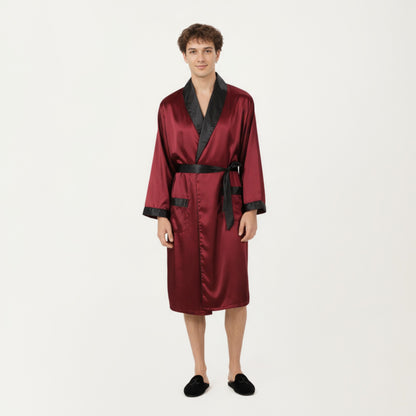 Anna-Kaci Men's Satin Robe with Contrast Shawl Collar Waist Tie and Front Pockets