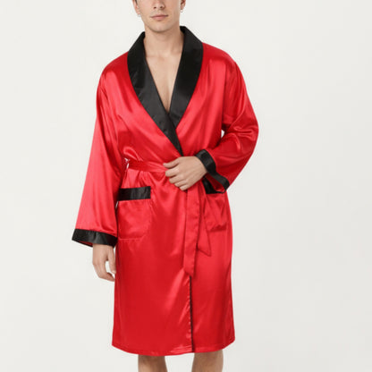 Anna-Kaci Men's Satin Robe with Contrast Shawl Collar Waist Tie and Front Pockets