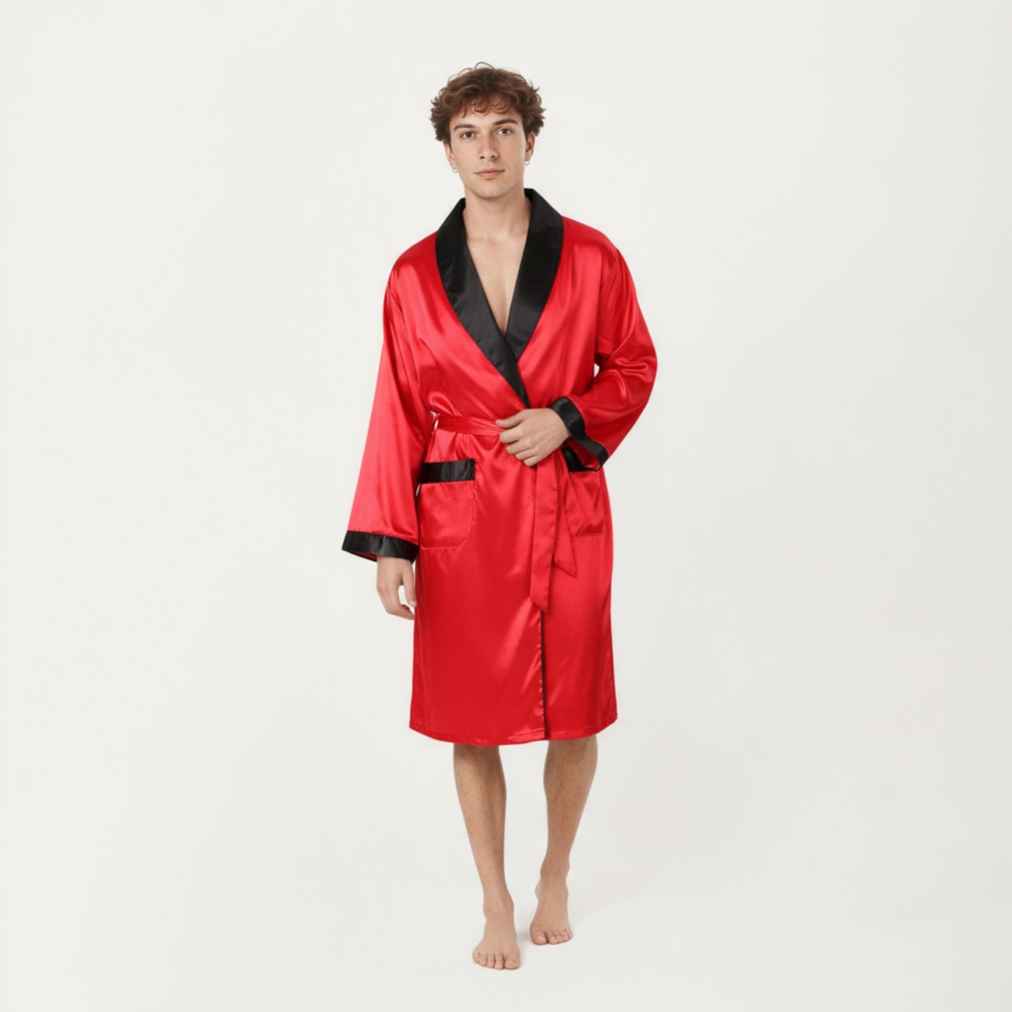 Anna-Kaci Men's Satin Robe with Contrast Shawl Collar Waist Tie and Front Pockets
