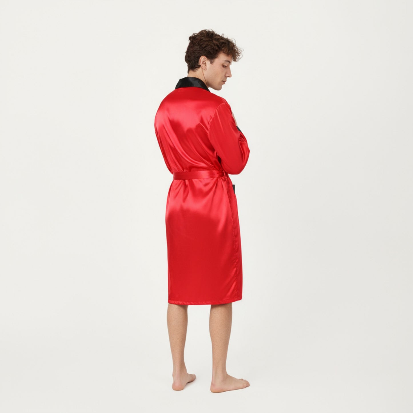 Anna-Kaci Men's Satin Robe with Contrast Shawl Collar Waist Tie and Front Pockets