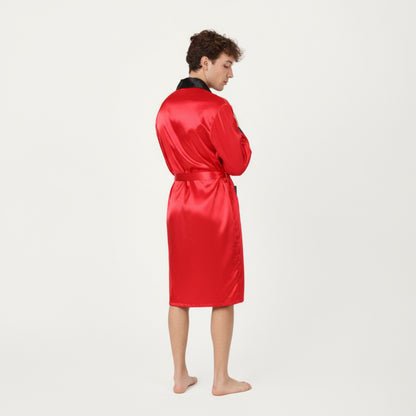 Anna-Kaci Men's Satin Robe with Contrast Shawl Collar Waist Tie and Front Pockets