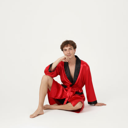 Anna-Kaci Men's Satin Robe with Contrast Shawl Collar Waist Tie and Front Pockets