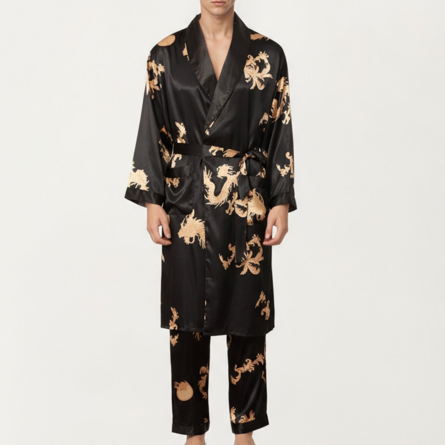 Anna-Kaci Men's 2-Piece Set Satin Dragon Print Robe and Lounge Pants with Shawl Collar and Waist Tie