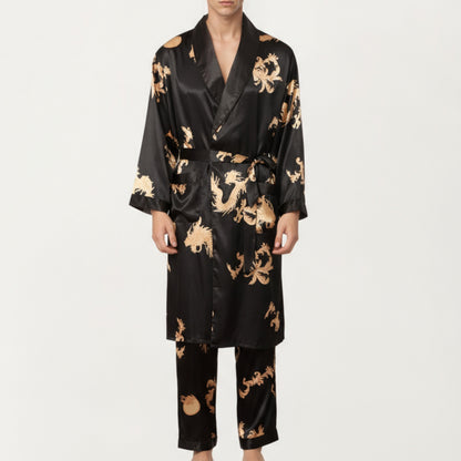 Anna-Kaci Men's 2-Piece Set Satin Dragon Print Robe and Lounge Pants with Shawl Collar and Waist Tie
