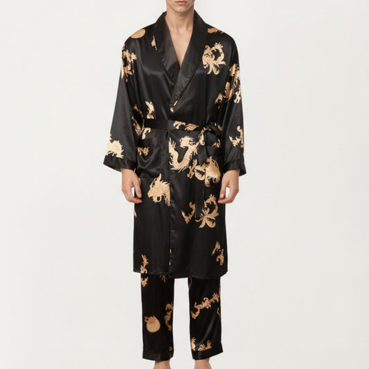 Anna-Kaci Men's 2-Piece Set Satin Dragon Print Robe and Lounge Pants with Shawl Collar and Waist Tie