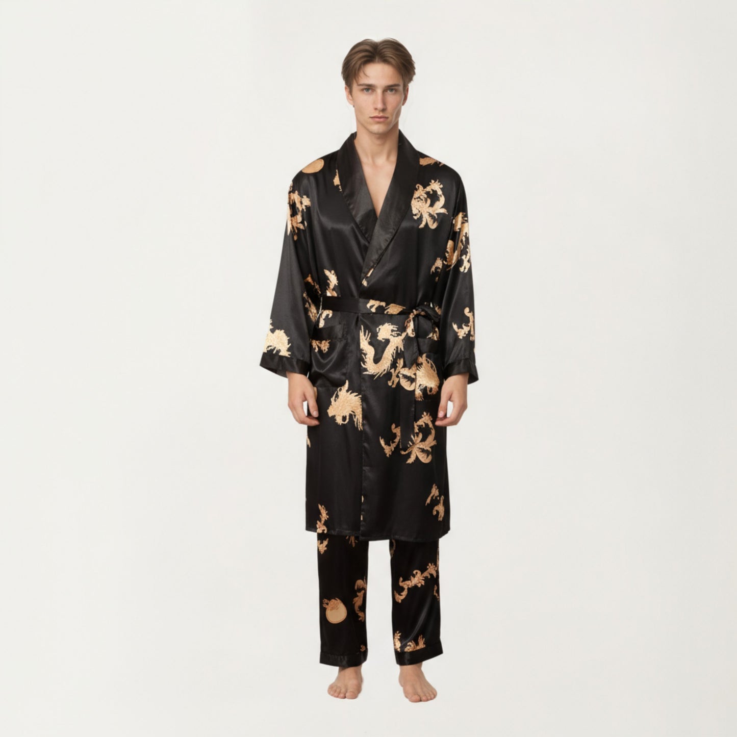 Anna-Kaci Men's 2-Piece Set Satin Dragon Print Robe and Lounge Pants with Shawl Collar and Waist Tie
