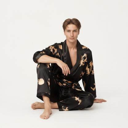 Anna-Kaci Men's 2-Piece Set Satin Dragon Print Robe and Lounge Pants with Shawl Collar and Waist Tie