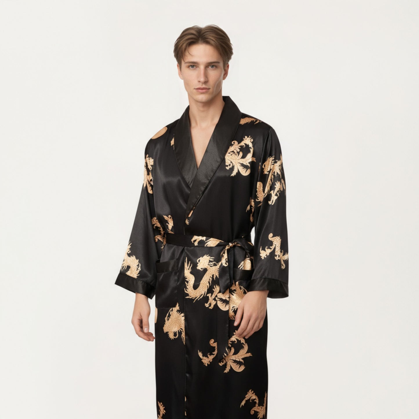 Anna-Kaci Men's 2-Piece Set Satin Dragon Print Robe and Lounge Pants with Shawl Collar and Waist Tie