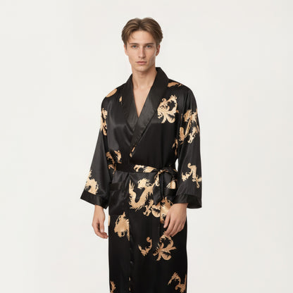 Anna-Kaci Men's 2-Piece Set Satin Dragon Print Robe and Lounge Pants with Shawl Collar and Waist Tie