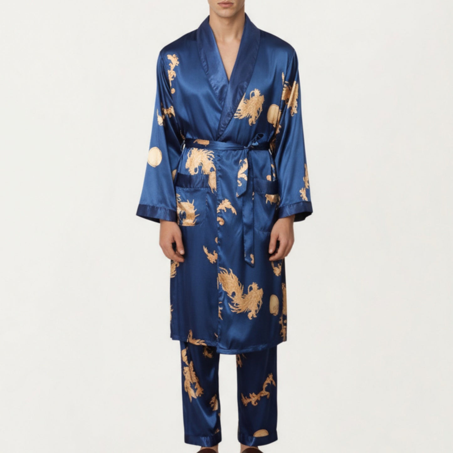 Anna-Kaci Men's 2-Piece Set Satin Dragon Print Robe and Lounge Pants with Shawl Collar and Waist Tie