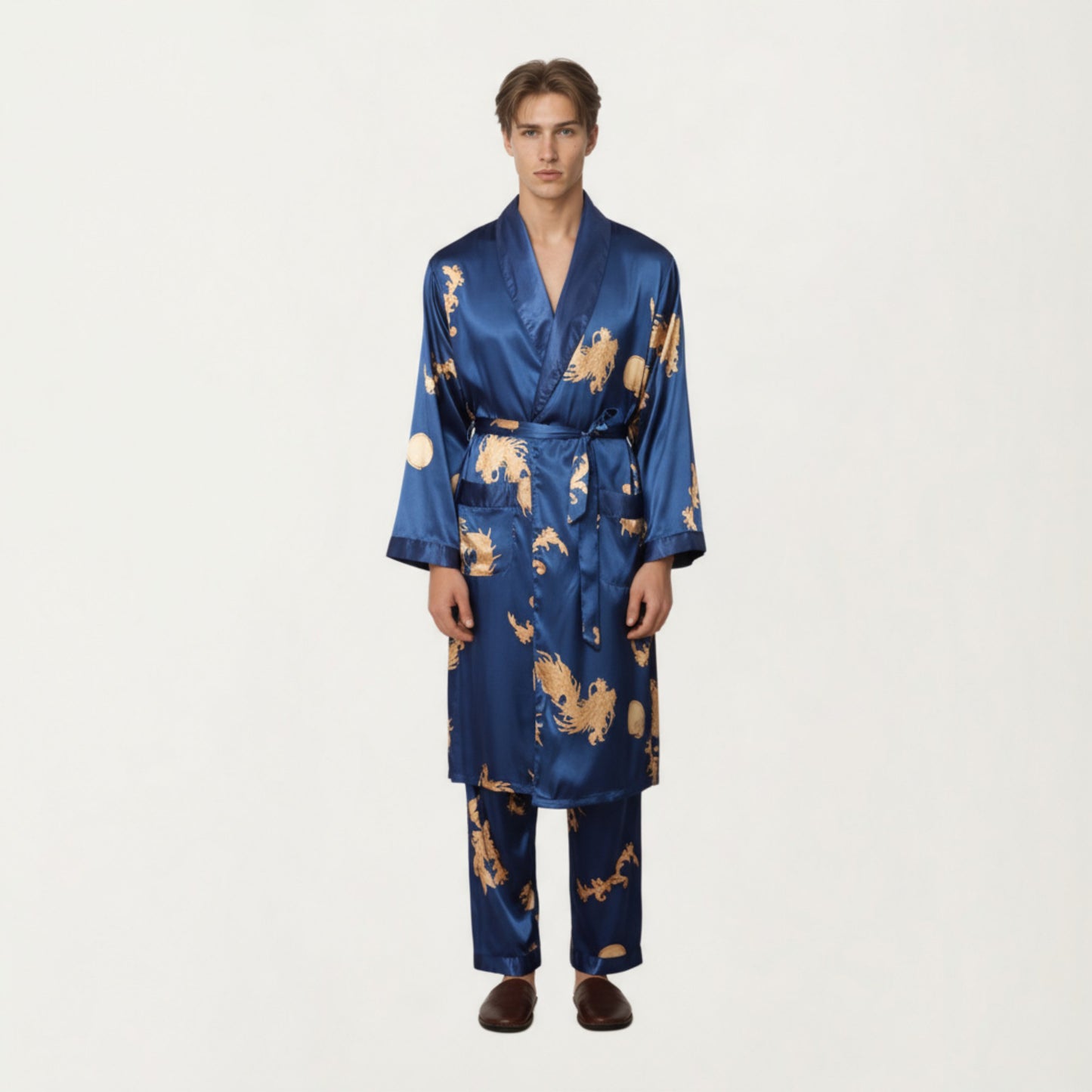 Anna-Kaci Men's 2-Piece Set Satin Dragon Print Robe and Lounge Pants with Shawl Collar and Waist Tie