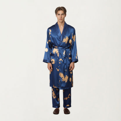 Anna-Kaci Men's 2-Piece Set Satin Dragon Print Robe and Lounge Pants with Shawl Collar and Waist Tie