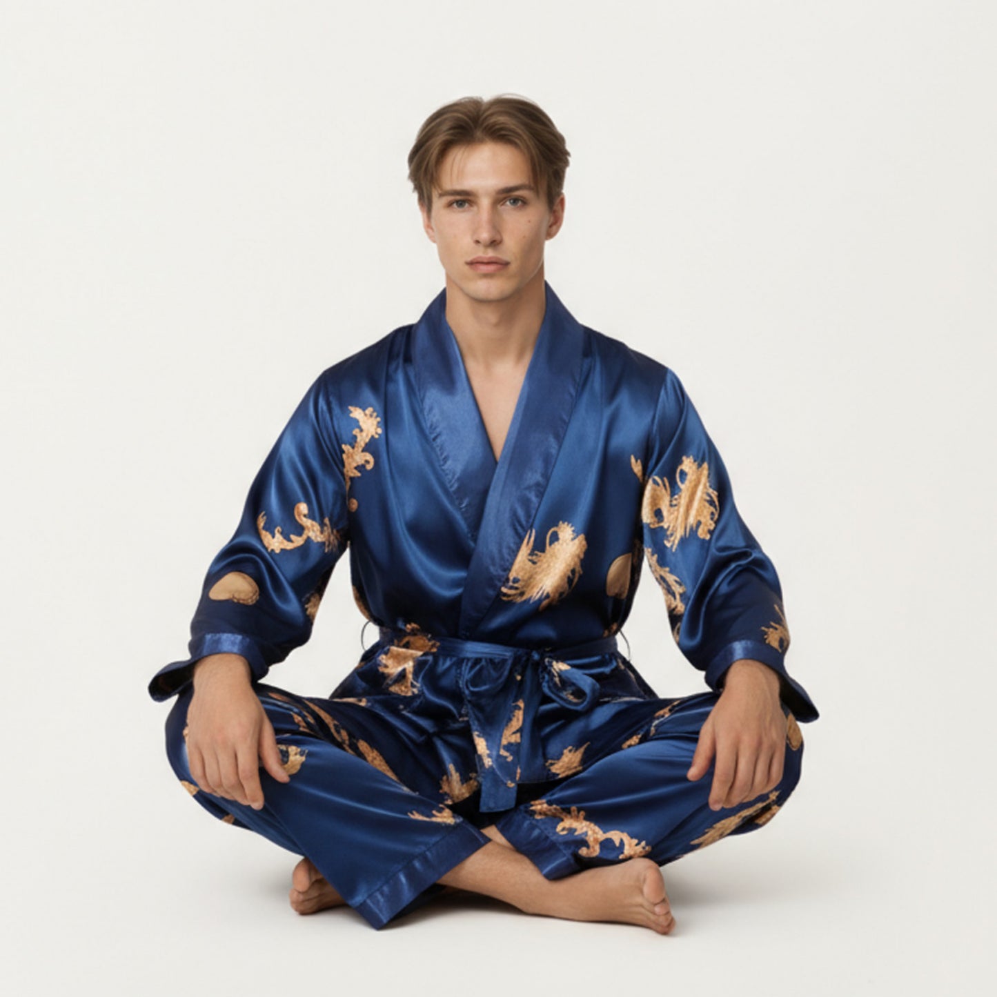 Anna-Kaci Men's 2-Piece Set Satin Dragon Print Robe and Lounge Pants with Shawl Collar and Waist Tie