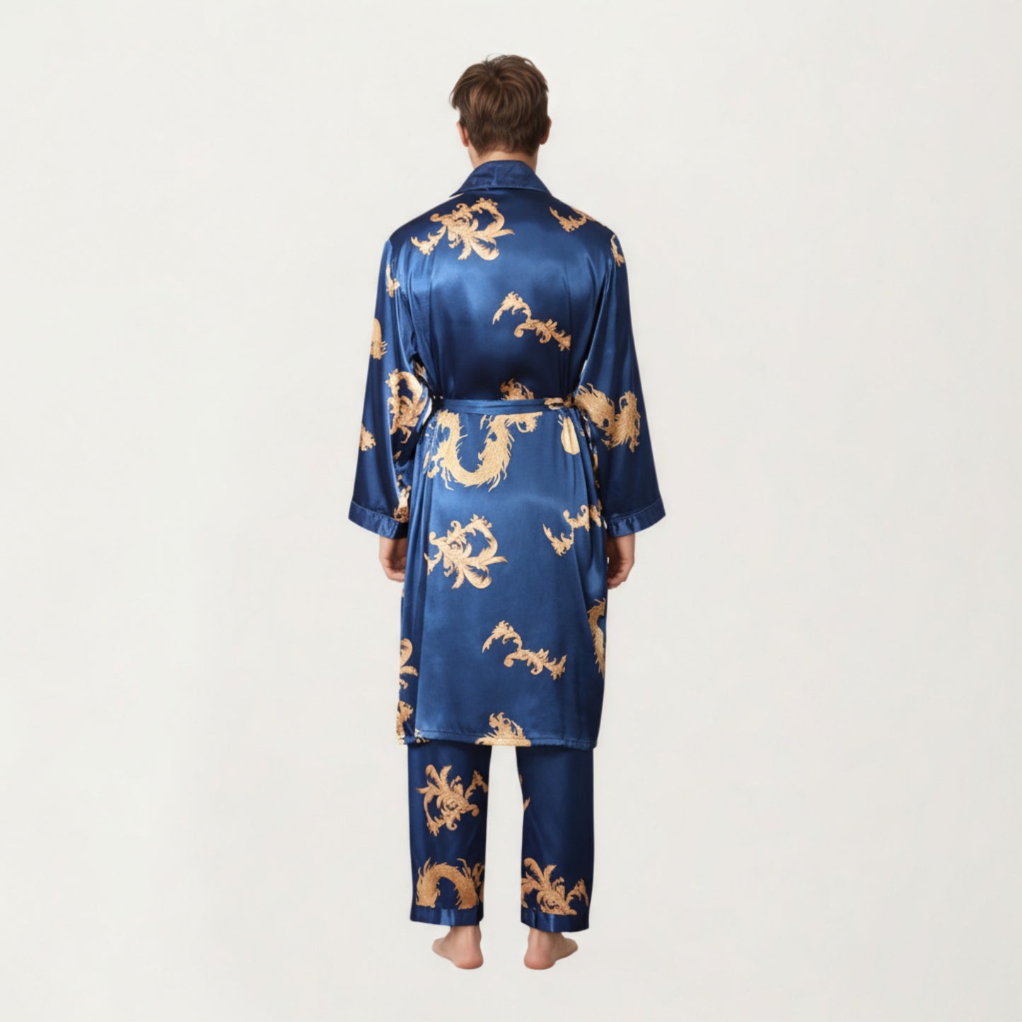 Anna-Kaci Men's 2-Piece Set Satin Dragon Print Robe and Lounge Pants with Shawl Collar and Waist Tie