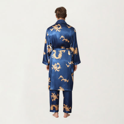 Anna-Kaci Men's 2-Piece Set Satin Dragon Print Robe and Lounge Pants with Shawl Collar and Waist Tie