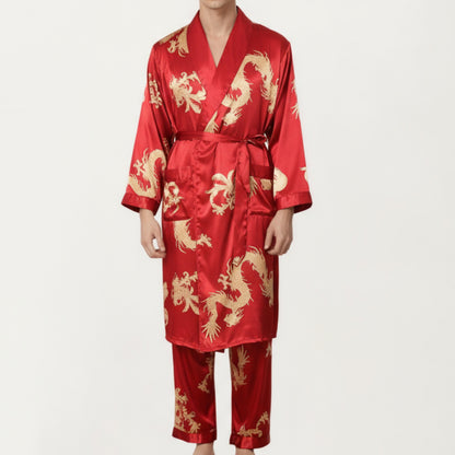 Anna-Kaci Men's 2-Piece Set Satin Dragon Print Robe and Lounge Pants with Shawl Collar and Waist Tie
