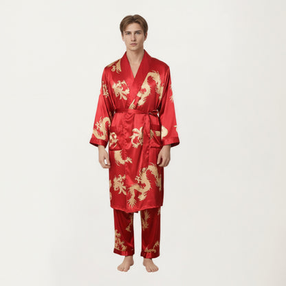 Anna-Kaci Men's 2-Piece Set Satin Dragon Print Robe and Lounge Pants with Shawl Collar and Waist Tie