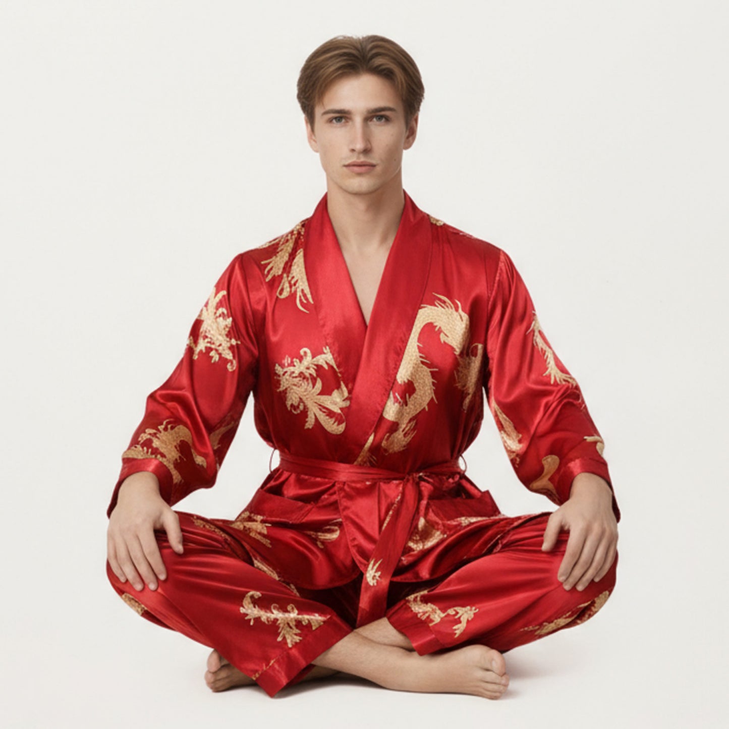 Anna-Kaci Men's 2-Piece Set Satin Dragon Print Robe and Lounge Pants with Shawl Collar and Waist Tie