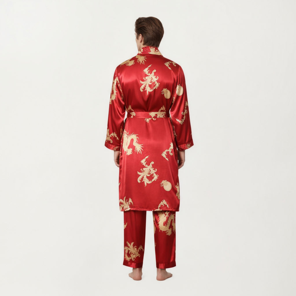 Anna-Kaci Men's 2-Piece Set Satin Dragon Print Robe and Lounge Pants with Shawl Collar and Waist Tie