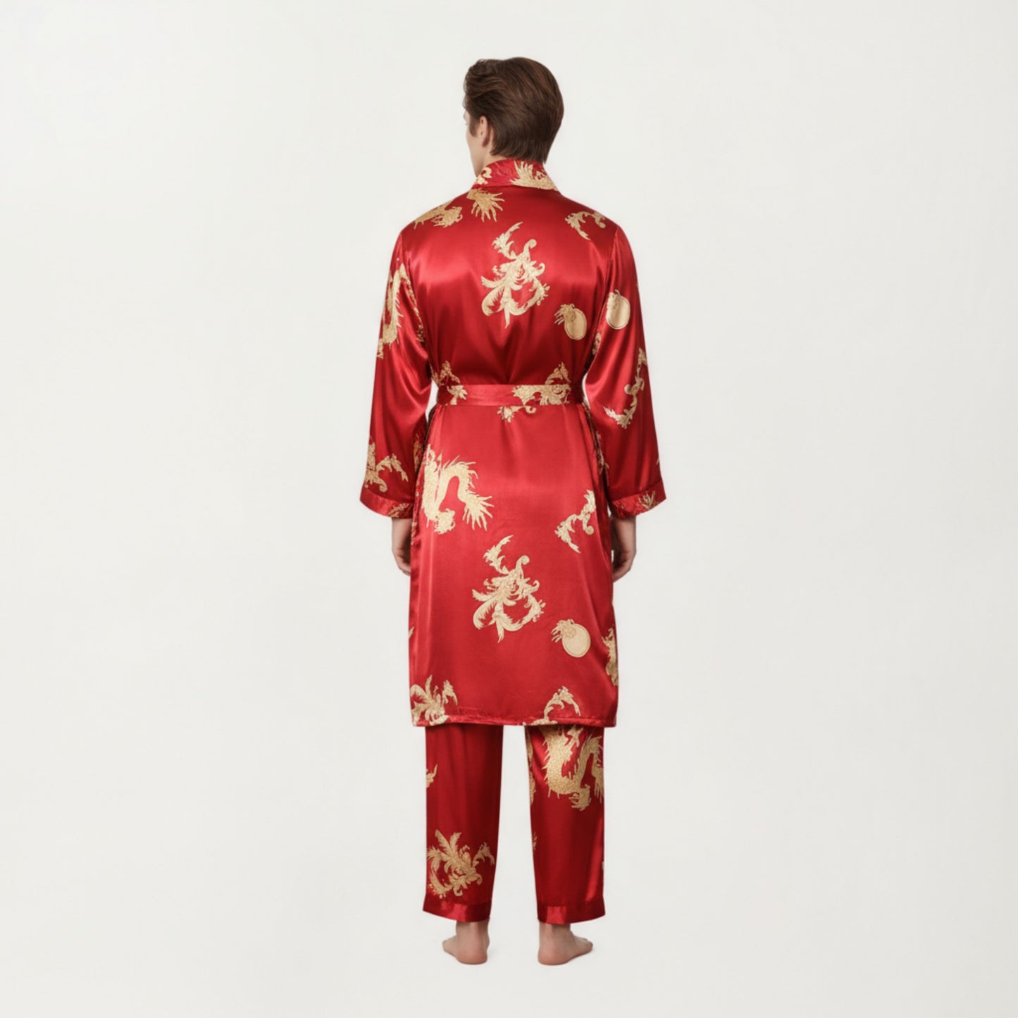 Anna-Kaci Men's 2-Piece Set Satin Dragon Print Robe and Lounge Pants with Shawl Collar and Waist Tie
