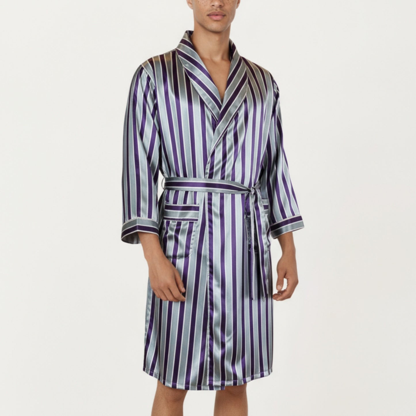 Anna-Kaci Men's Satin Robe with Shawl Collar Waist Tie and Front Pockets