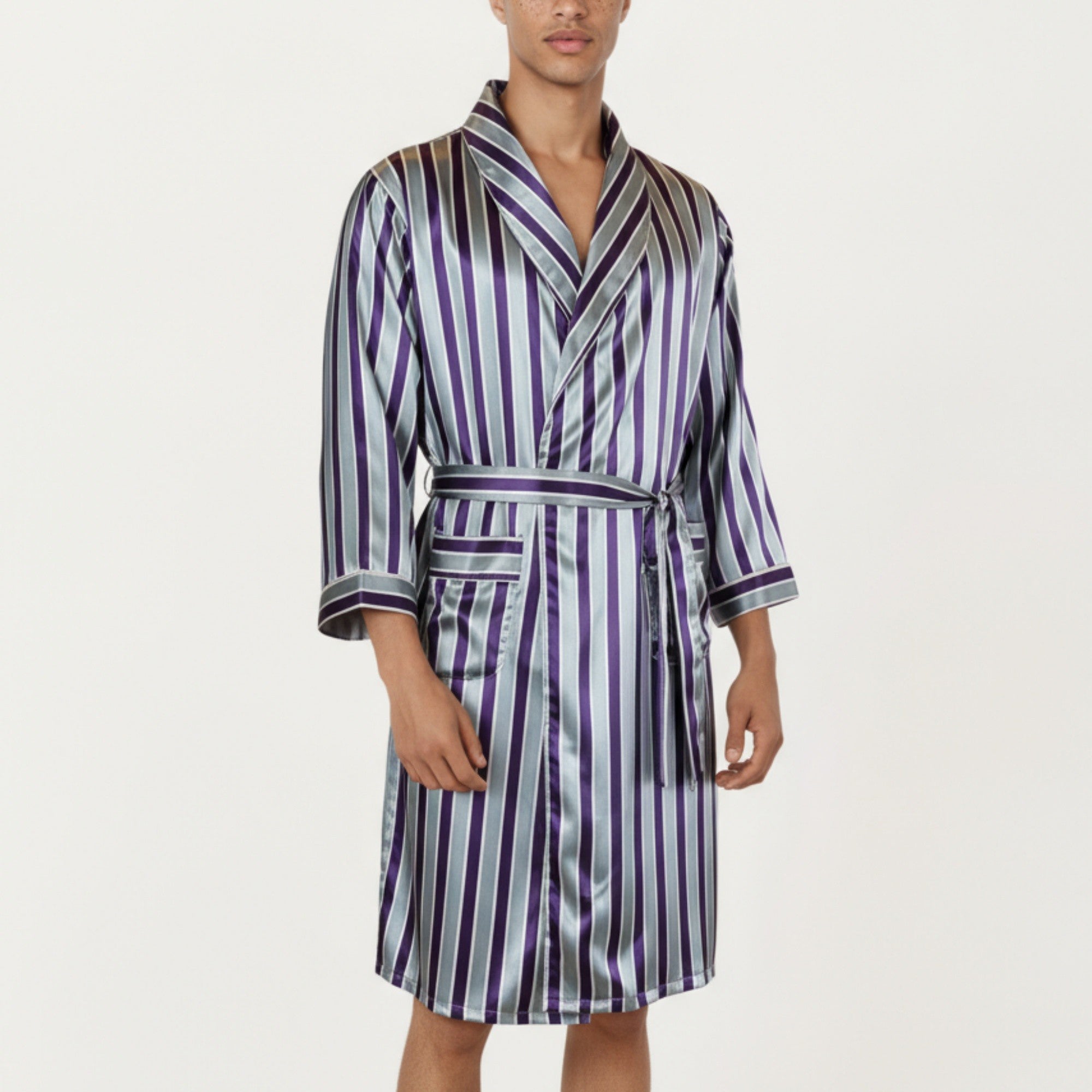 Anna-Kaci Men's Satin Robe with Shawl Collar Waist Tie and Front Pockets