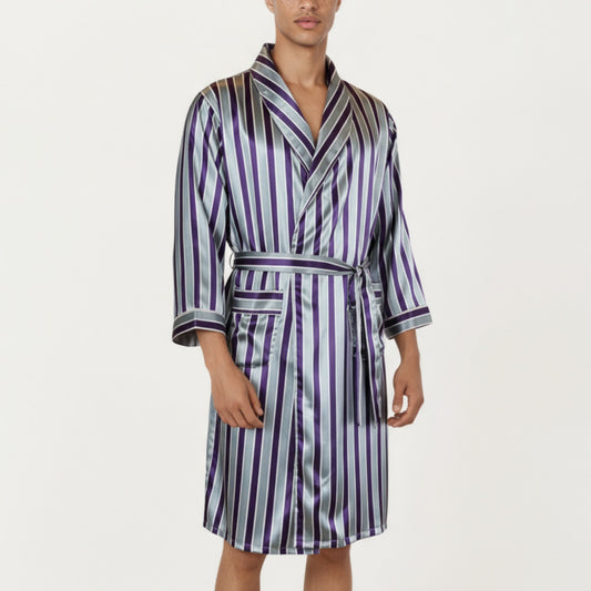 Anna-Kaci Men's Satin Robe with Shawl Collar Waist Tie and Front Pockets