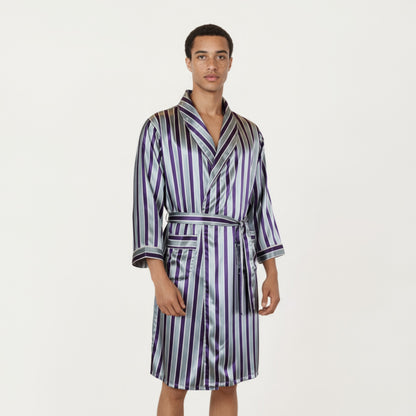 Anna-Kaci Men's Satin Robe with Shawl Collar Waist Tie and Front Pockets