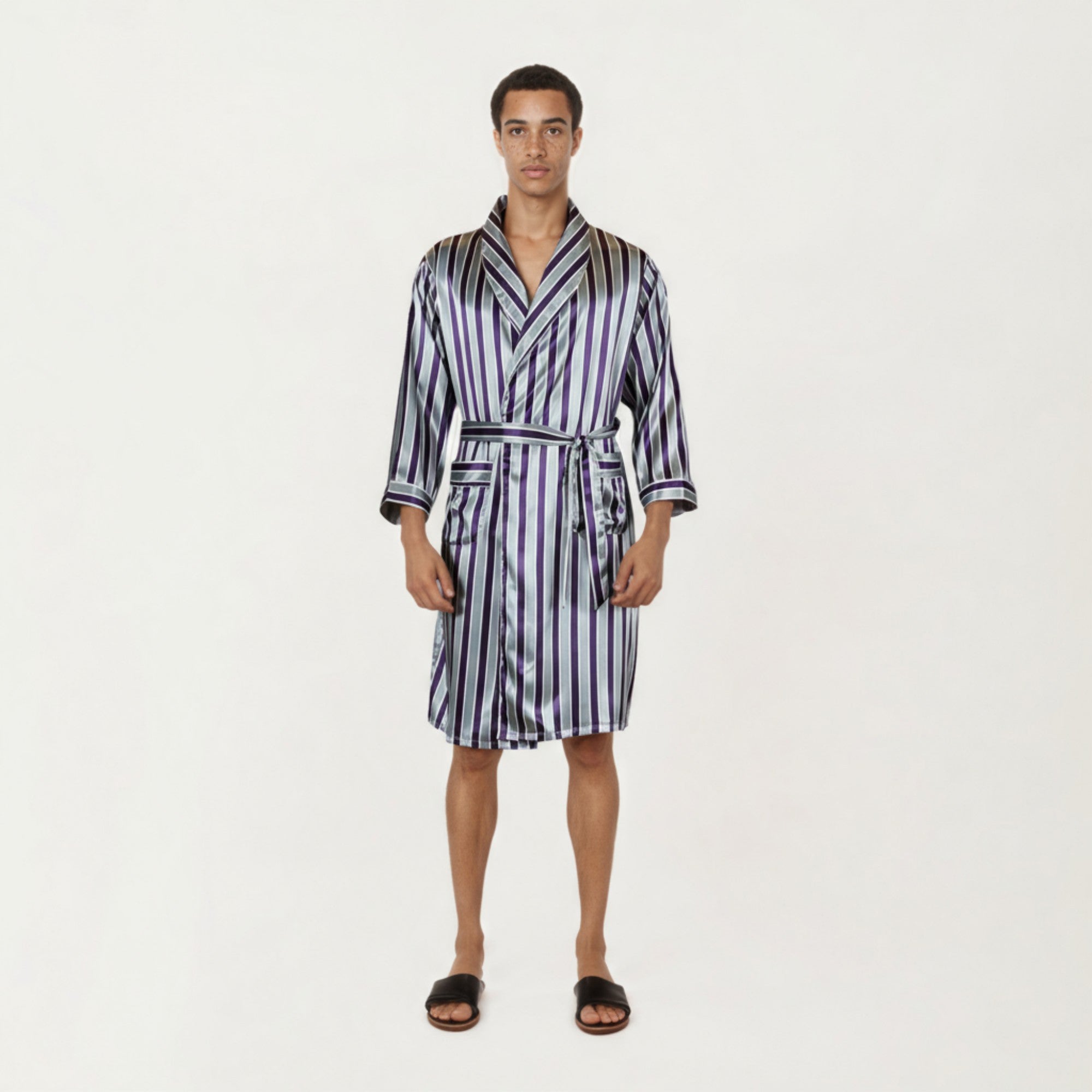 Anna-Kaci Men's Satin Robe with Shawl Collar Waist Tie and Front Pockets