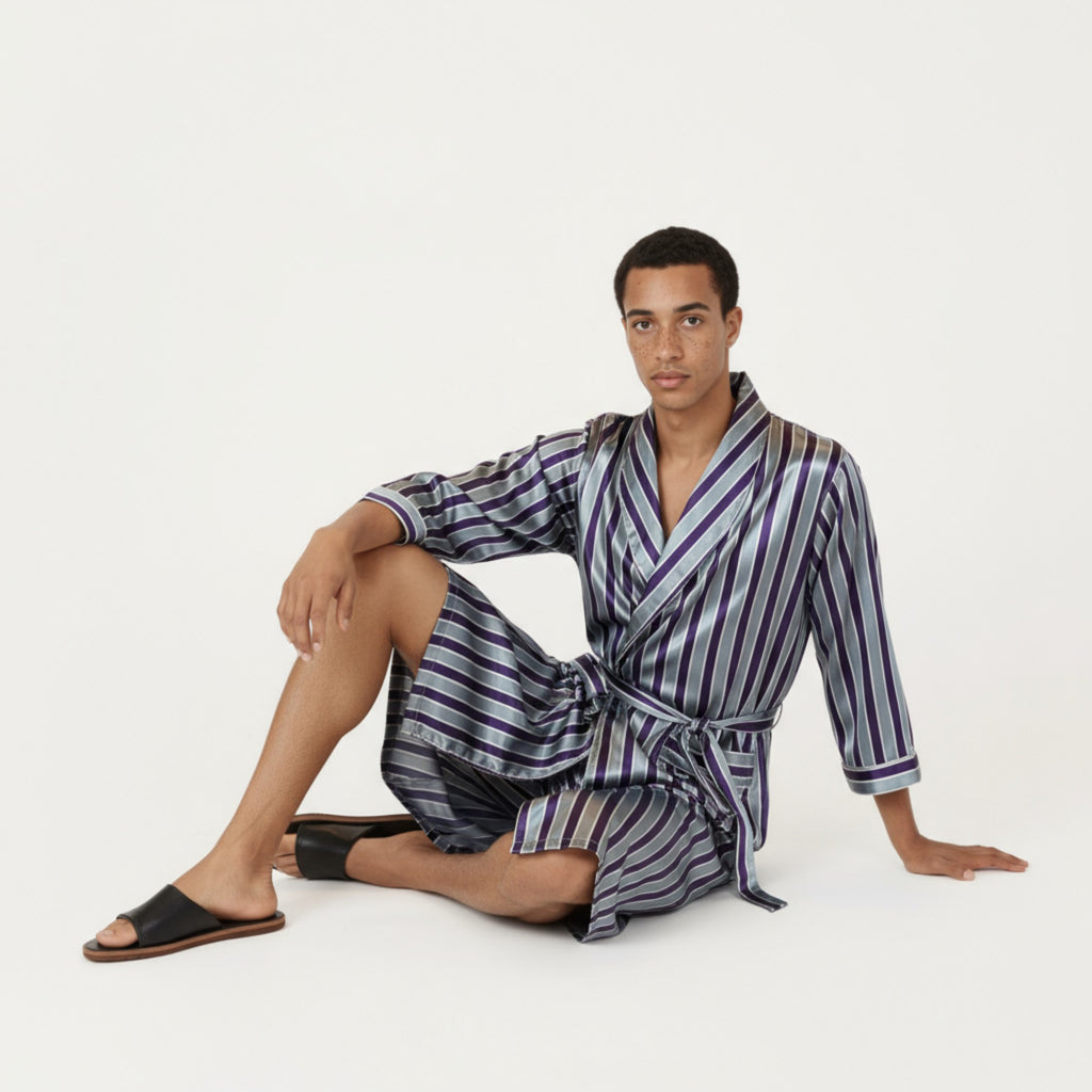 Anna-Kaci Men's Satin Robe with Shawl Collar Waist Tie and Front Pockets